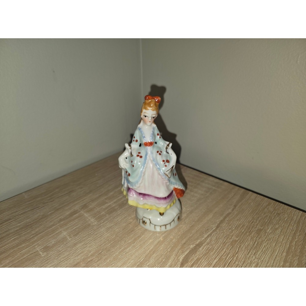 Vintage Made in Japan Porcelain Colonial Lady Figurine Blue Polka Dot Dress